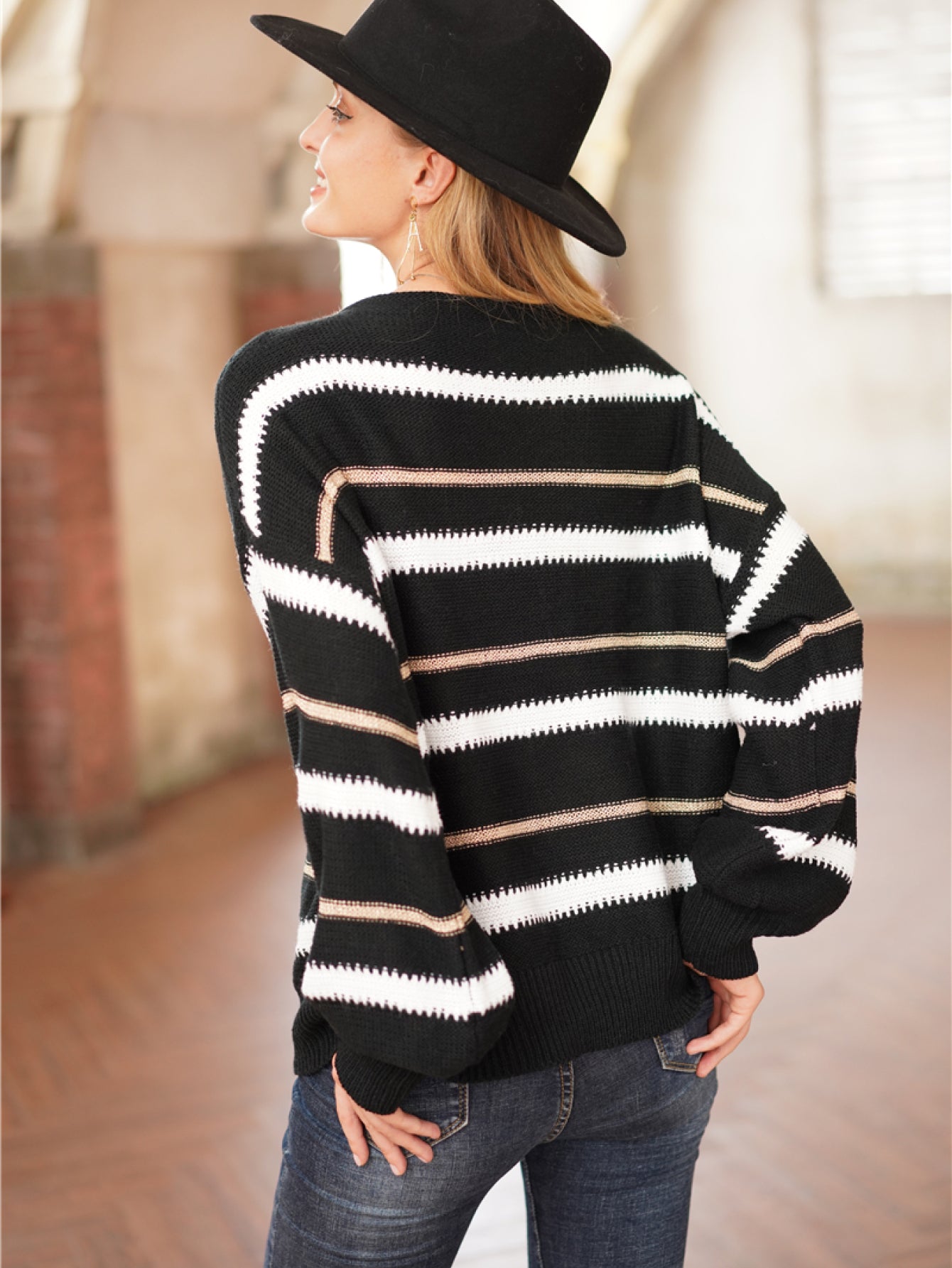 Striped Round Neck Lantern Sleeve Sweater