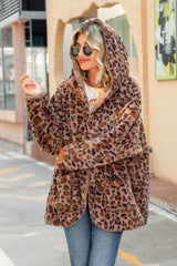 Leopard Open Front Hooded Teddy Jacket with Pockets