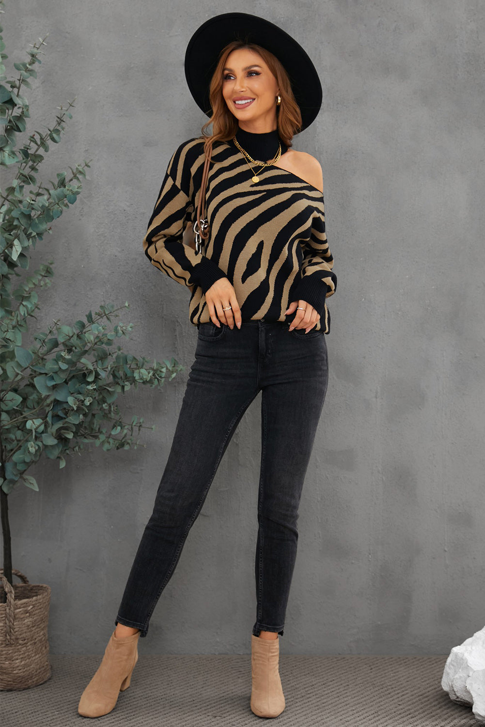 Zebra Print Mock Neck Cold Shoulder Sweater