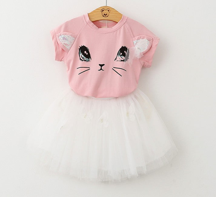 Girls Kids Cute Cat Short Sleeve T-Shirt Butterfly Beaded Puffy Skirt Set