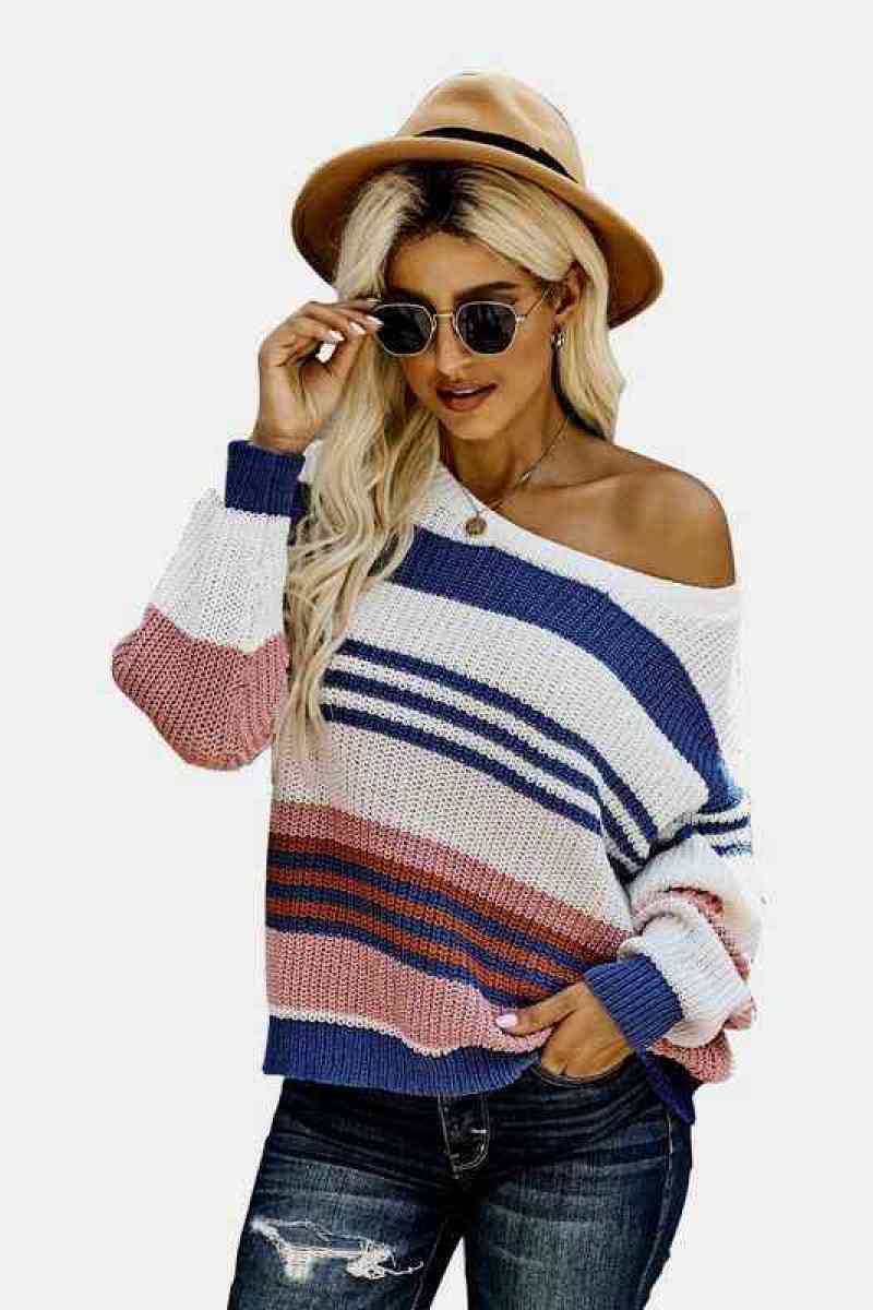 Color Block Drop Shoulder Sweater - Minihomy