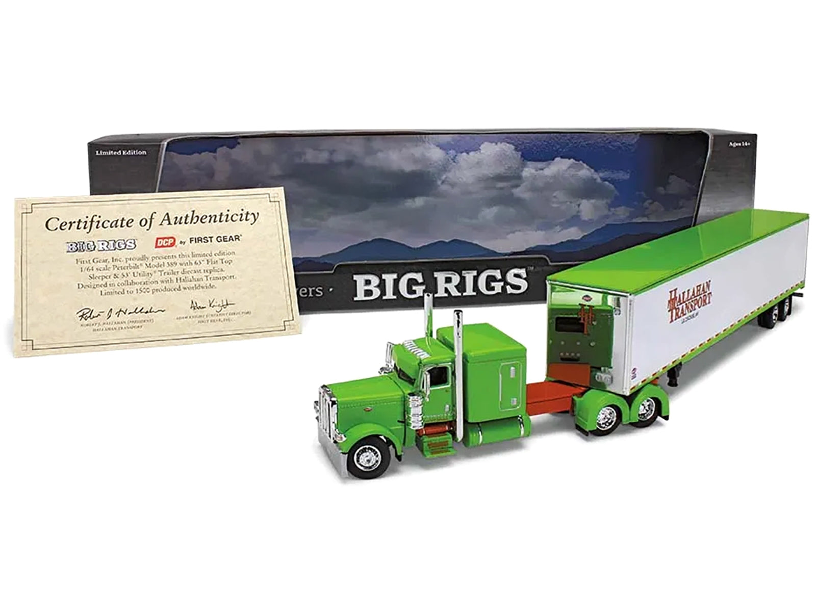 Peterbilt 389 with 63" Flat-Top Sleeper and 53' Utility Trailer "Hallahan Transport" Green "Big Rigs" Series 1/64 Diecast Model by DCP/First Gear - Minihomy