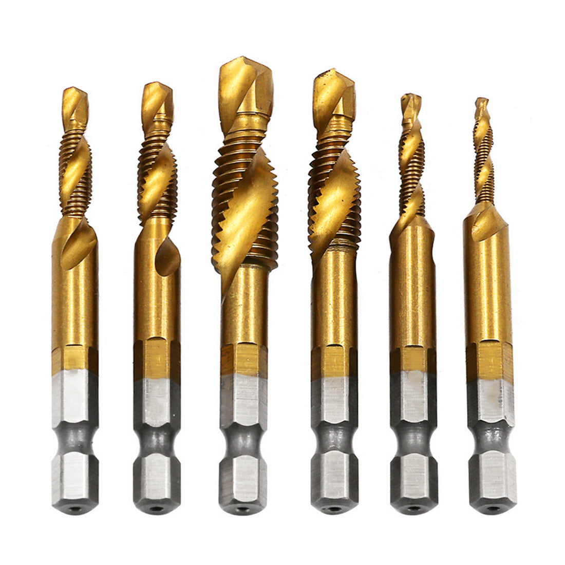 6pcs/set 1/4\' Hex HSS High Speed Steel Thread Spiral Screw M3 M4 M5 M6 M8 M10 Metric Composite Tap Drill Bit Tap