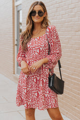 Animal Print Square Neck Balloon Sleeve Dress - Minihomy