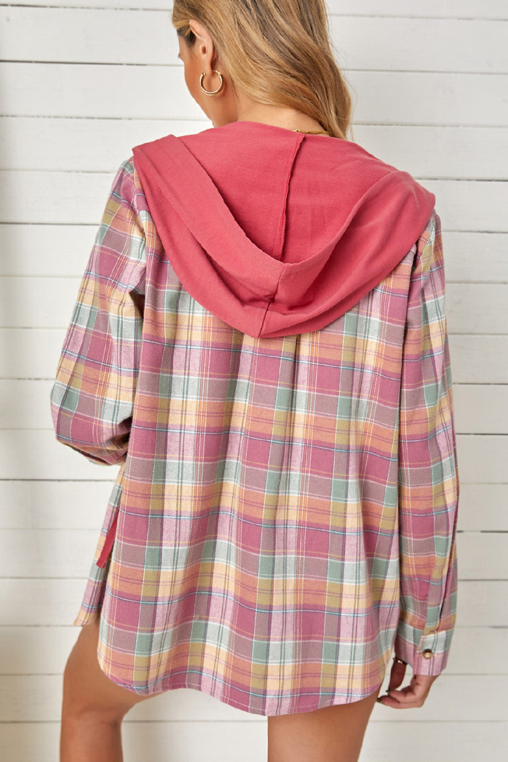 Plaid Drawstring Hooded Shirt Jacket