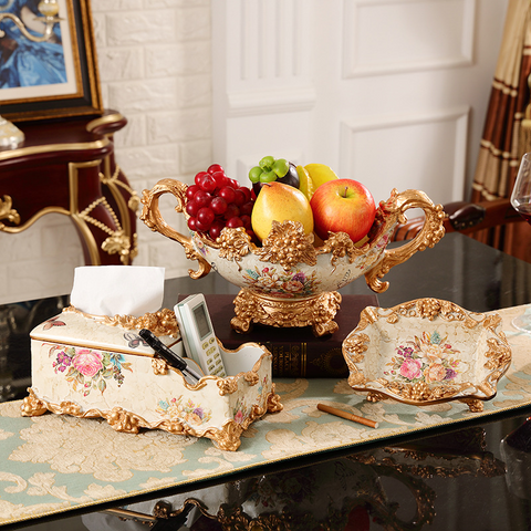 European-style Fruit Plate Three-piece Coffee Table Decoration Ashtray Tissue Box Set