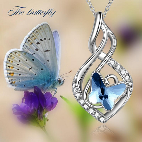 925 Sterling Silver Infinity Necklace Blue Crystal Butterfly Gift