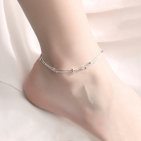 Sterling Silver  Bracelets Layered Chain Ball and Bead Double  Beach Anklets