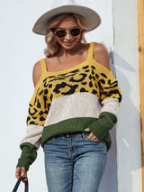 Leopard Print Color Block Square Neck Sweater