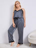 Plus Size Vertical Stripe Lace Trim Cami and Pants Pajama Set - Minihomy