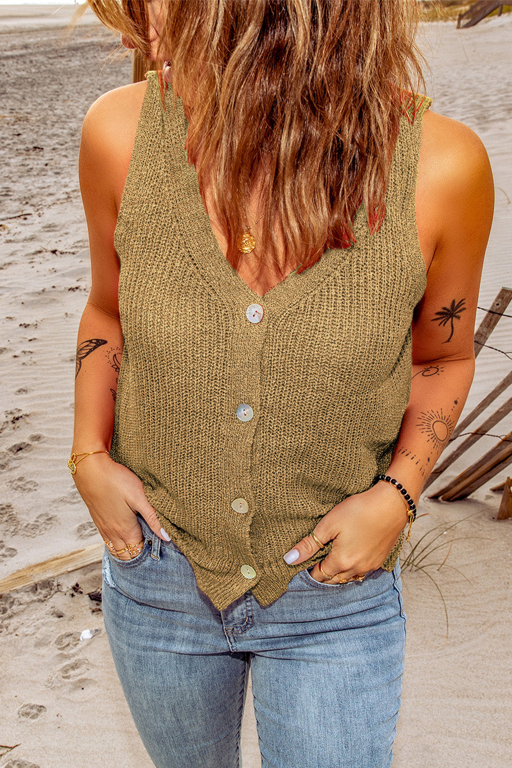 Beige Scalloped Hem Crop Sweater Tank - Minihomy