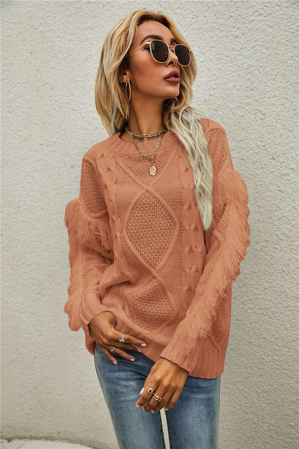 Mixed Knit Fringe Detail Round Neck Sweater