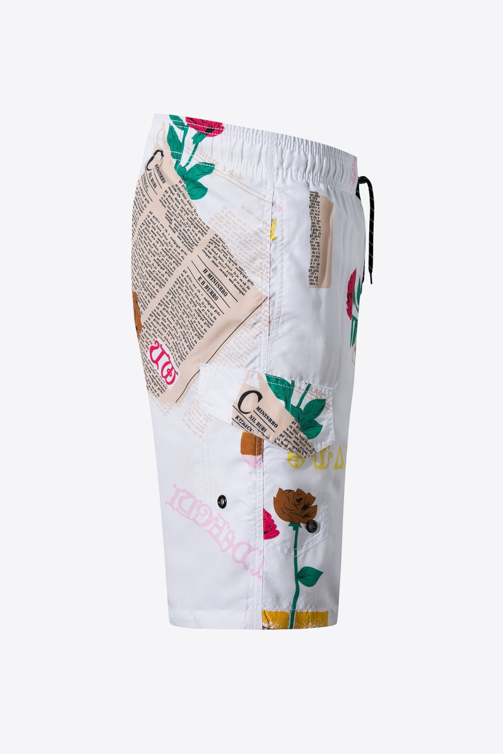 Full Size Newspaper Print Drawstring Waist Swim Trunks - Minihomy