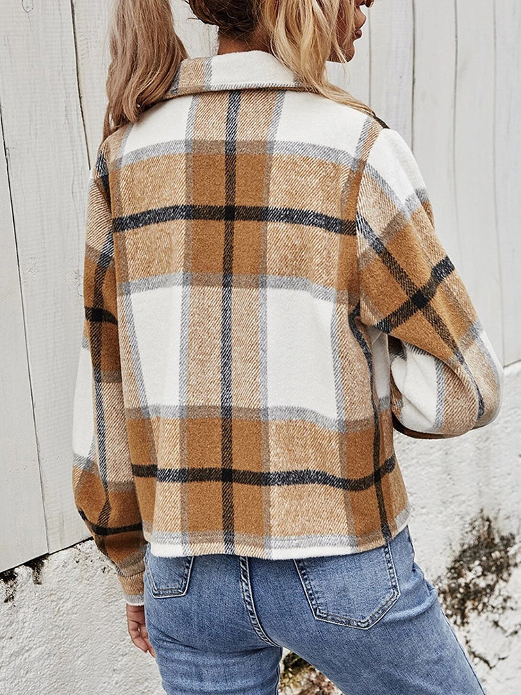 Plaid Collared Neck Jacket with Breast Pockets - Minihomy