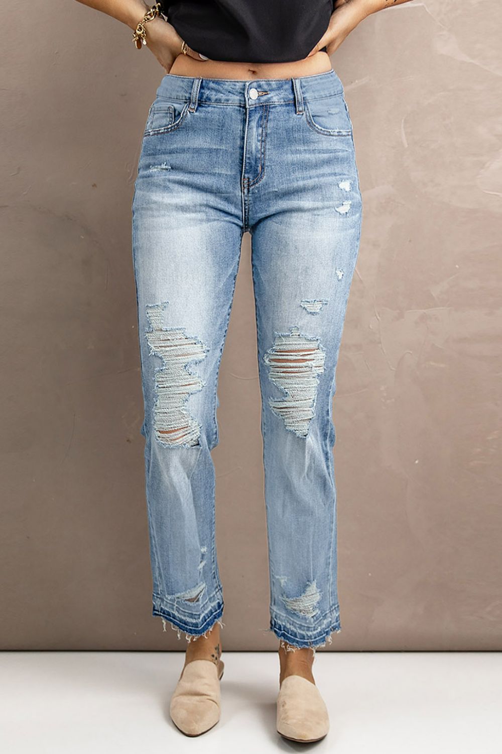 Straight Leg Distressed High Waist Jeans - Minihomy