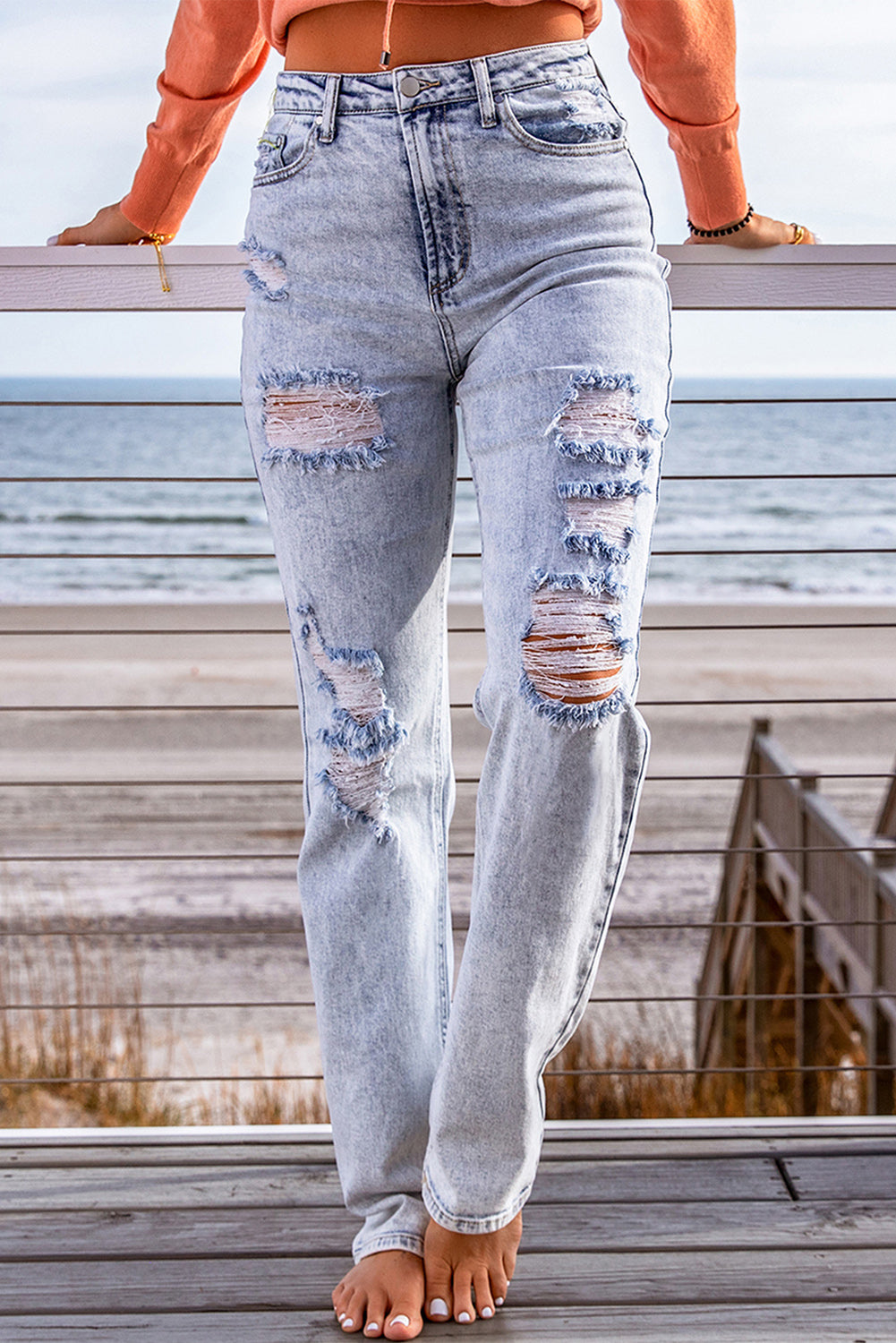 Distressed Straight Leg Jeans with Pockets - Minihomy