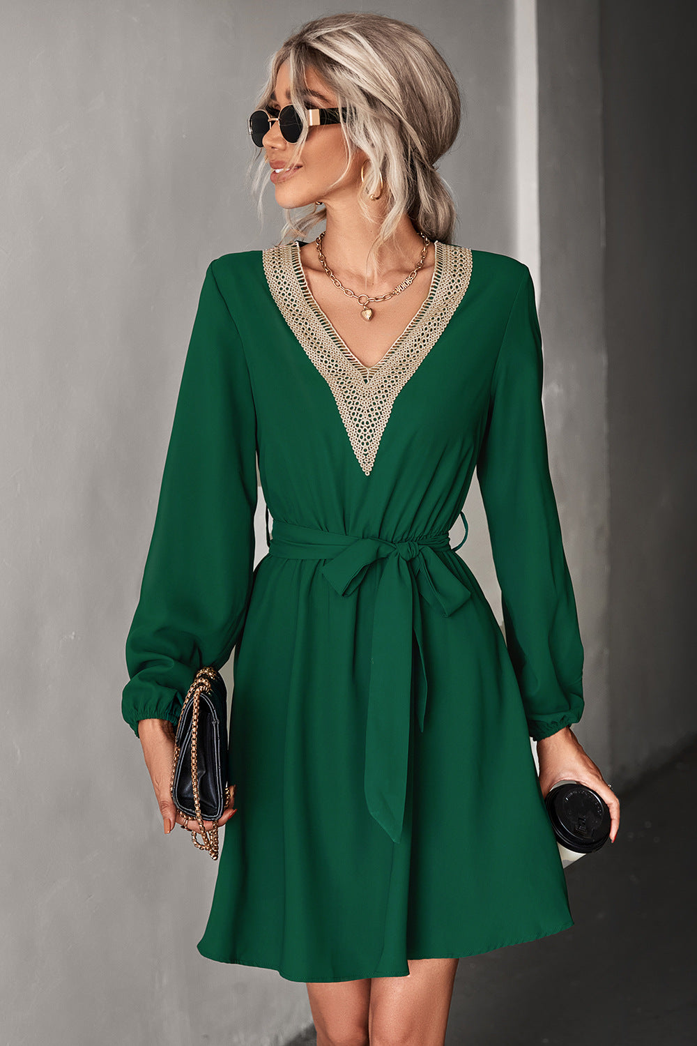 Contrast V-Neck Belted Dress - Minihomy