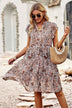 Floral Flutter Sleeve Notched Neck Tiered Dress - Minihomy