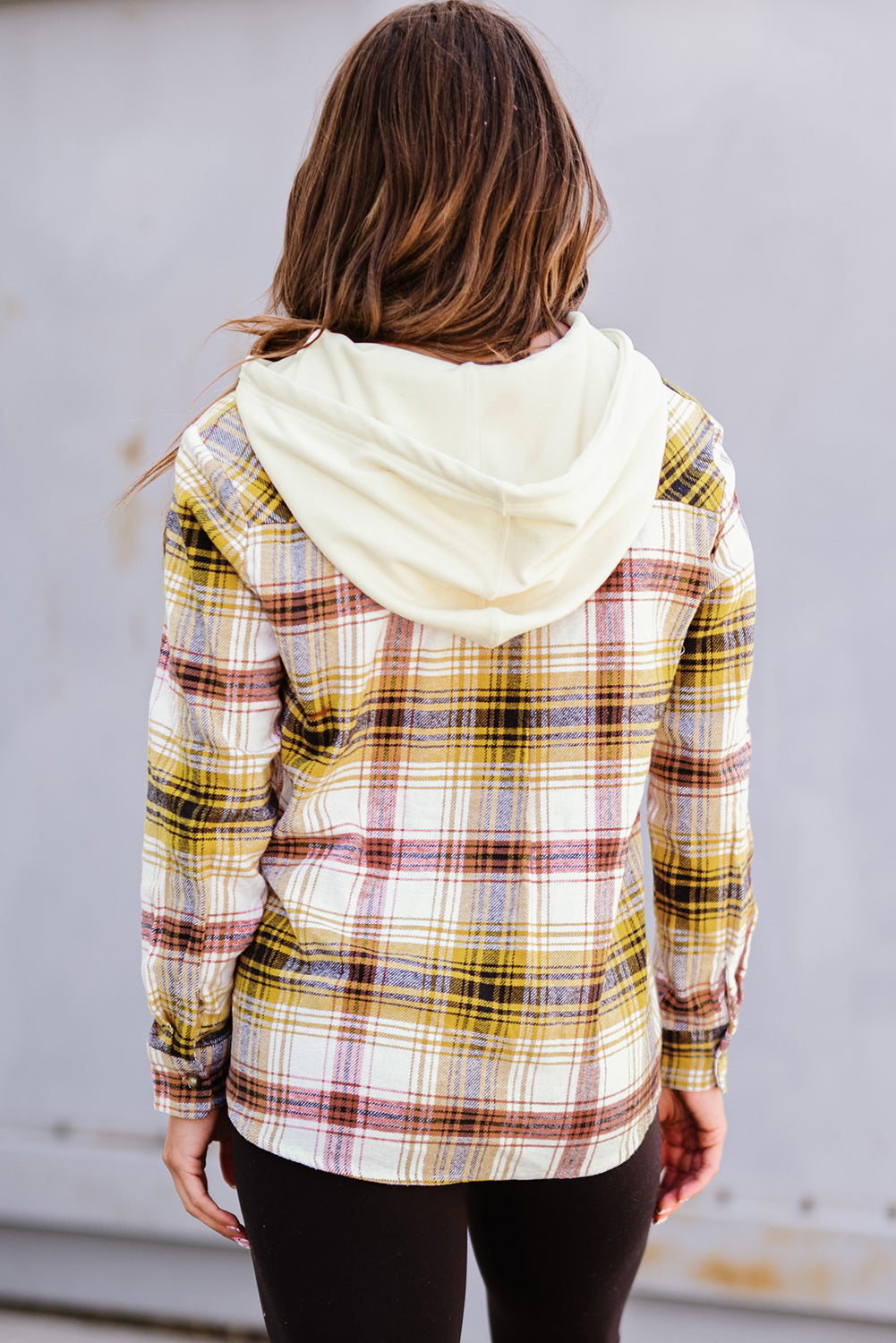 Plaid Drawstring Hooded Jacket with Pocket