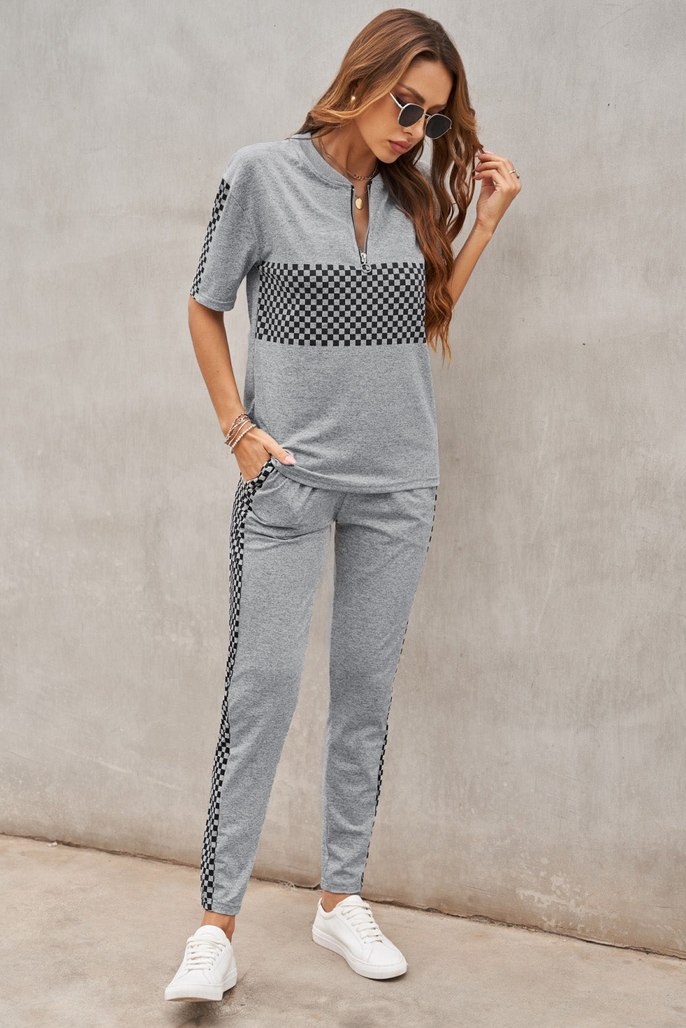 Checkered Short Sleeve Top and Lounge Pants Set