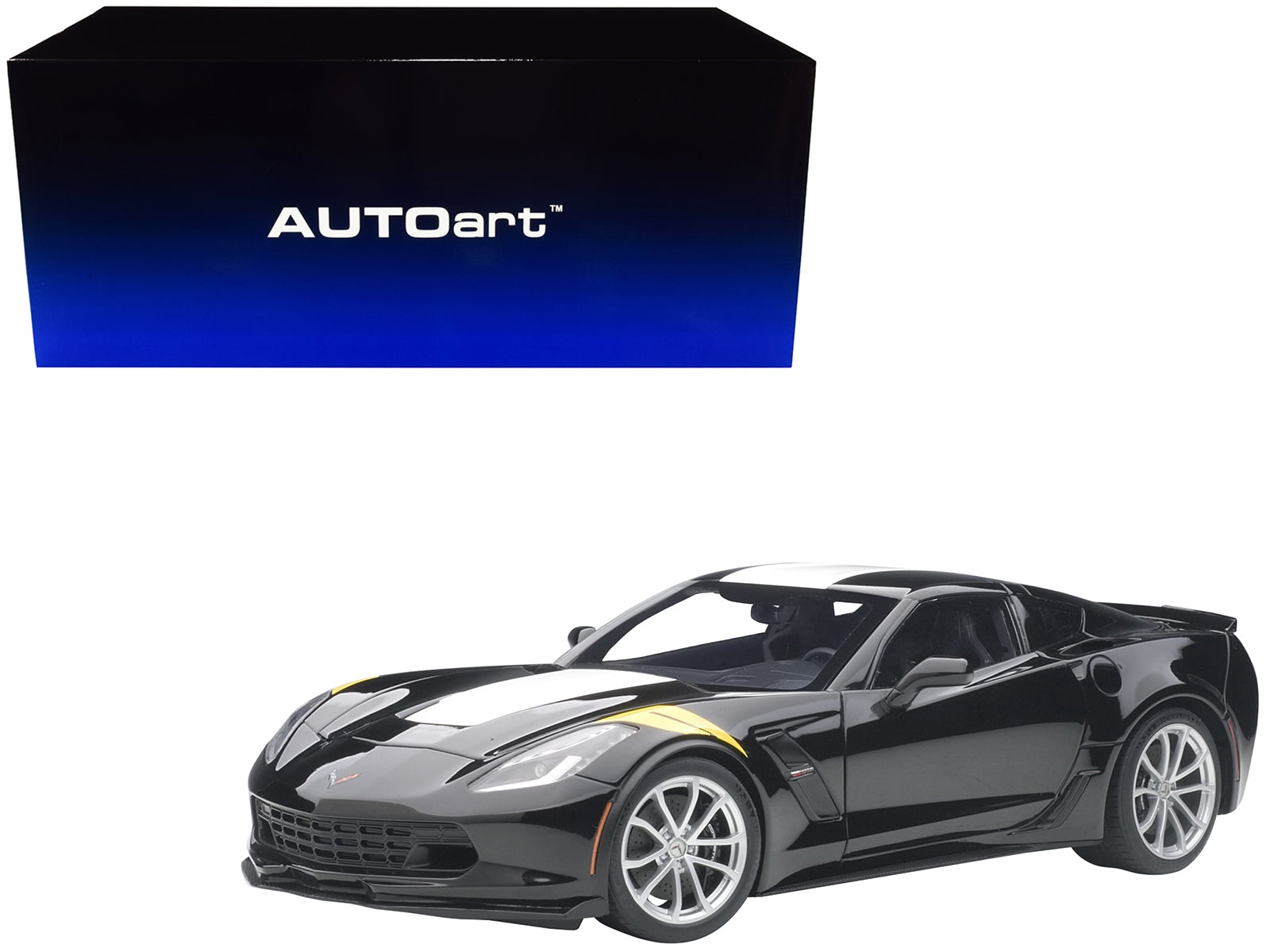 2017 Chevrolet Corvette C7 Grand Sport Black with White Stripe and Yellow Fender Hash Marks 1/18 Model Car by Autoart - Minihomy