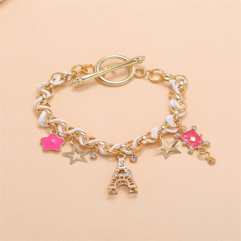 Temperament Fashion Iron Tower Stars Flowers Playing Cards Female Leather Rope Bracelets