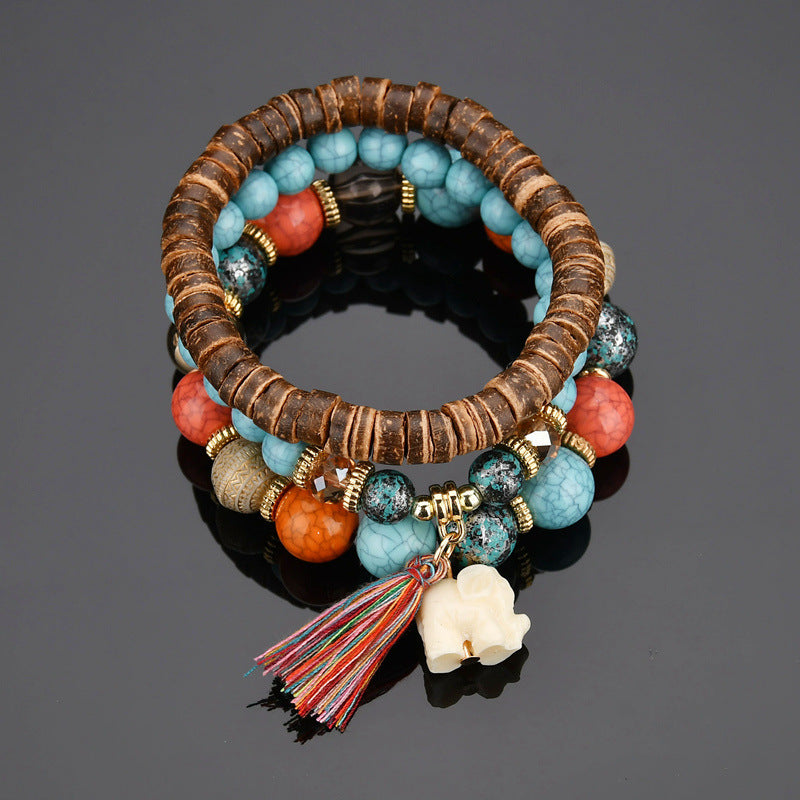 Bohemian Elephant Fringed Pendant Wood Beads Multi-layer Bracelet