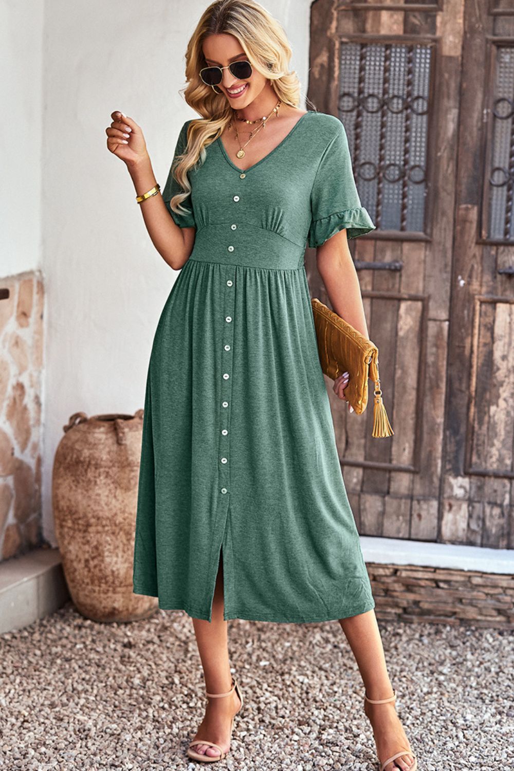 Gathered Detail Buttoned V-Neck Midi Dress - Minihomy