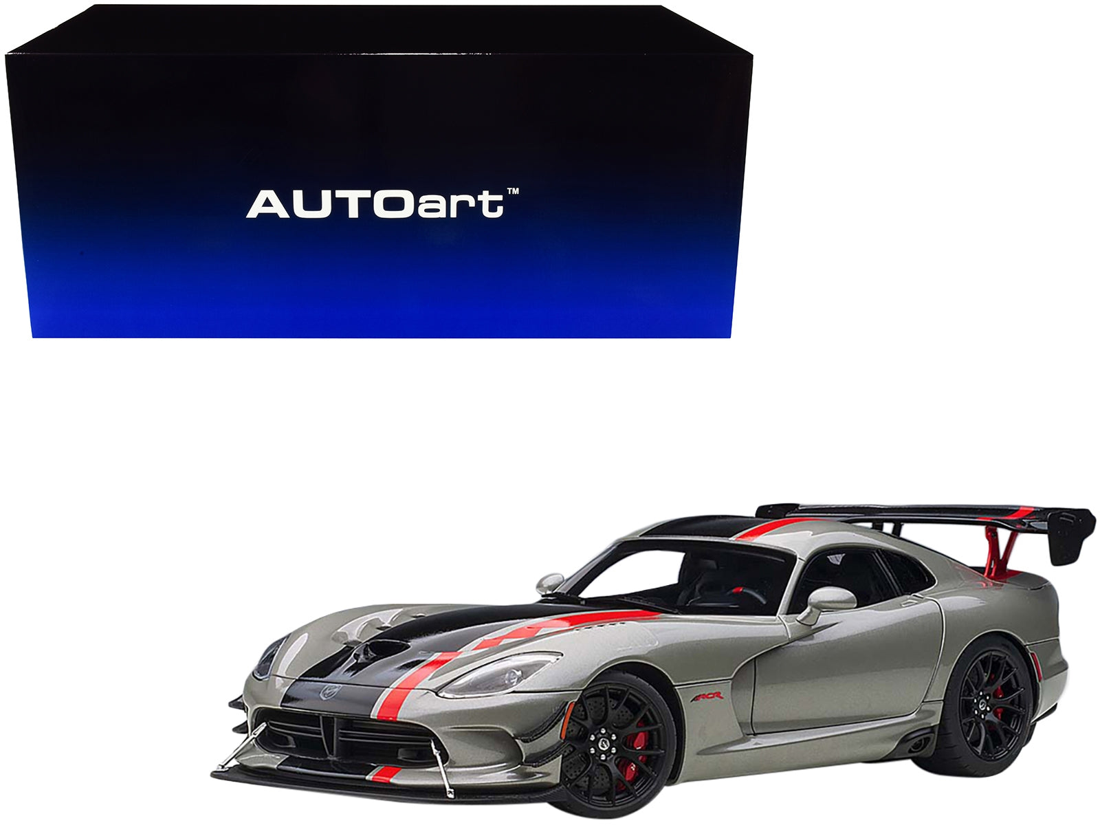 2017 Dodge Viper ACR Billet Silver Metallic with Black and Red Stripes 1/18 Model Car by Autoart - Minihomy