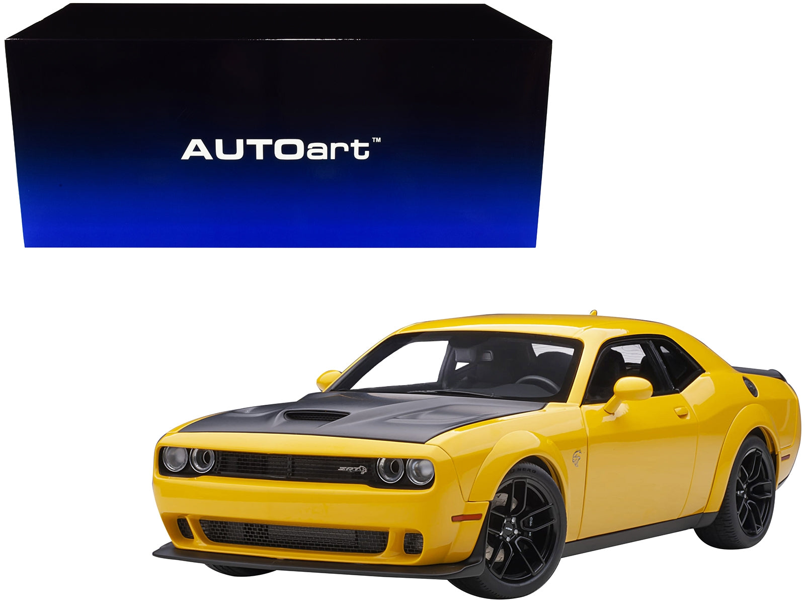 Dodge Challenger SRT Hellcat Widebody Yellow Jacket with Satin Black Hood 1/18 Model Car by Autoart - Minihomy