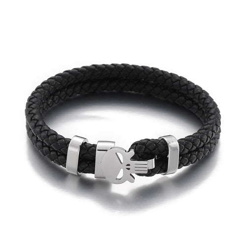 Double Layer Leather Stainless Steel Skull Bracelet
