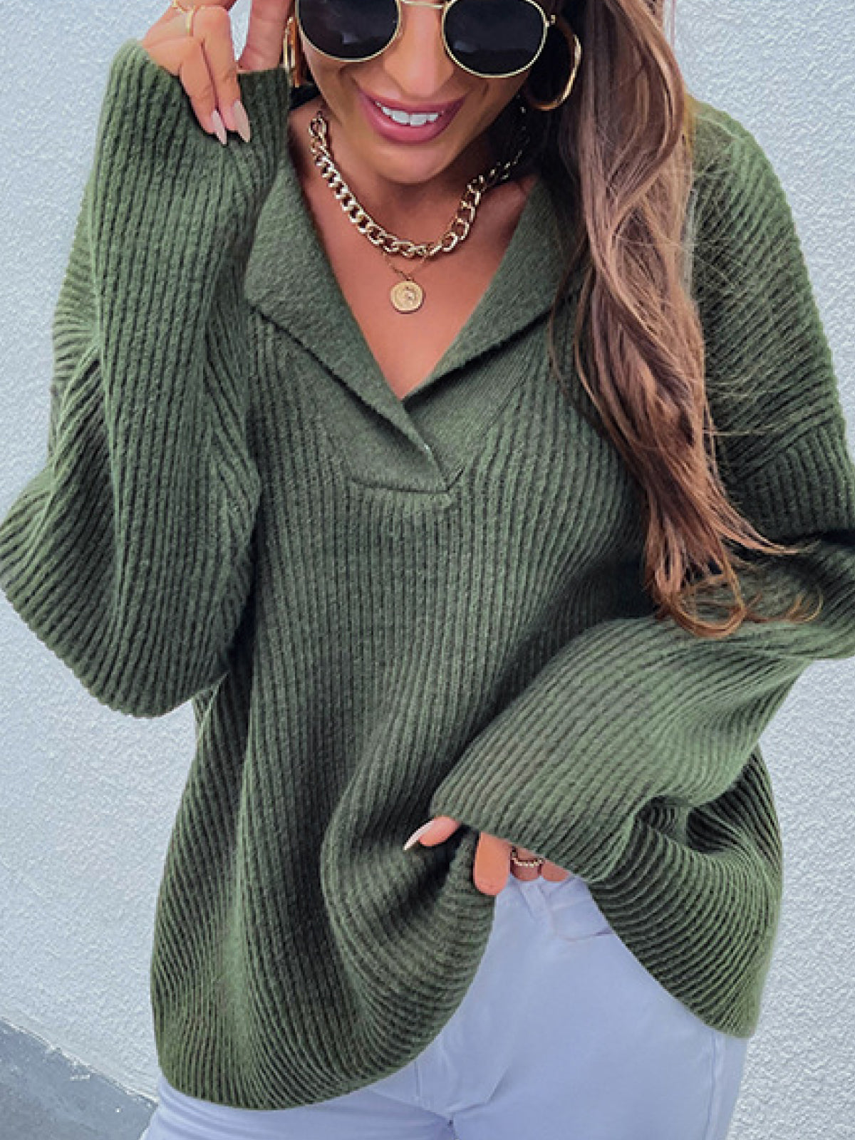 Shawl Collar Rib-Knit Sweater