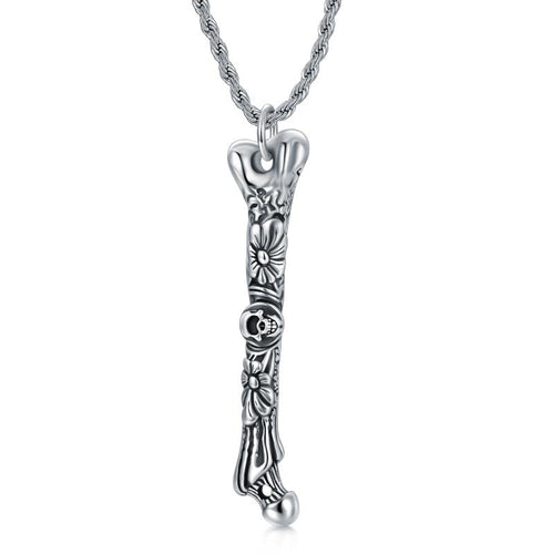 Sterling Silver Skull Matte Pendant Bone Band Flower Oxidized Necklace for Men