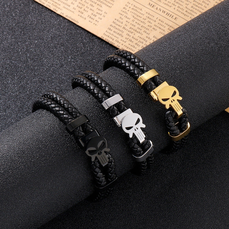 Double Layer Leather Stainless Steel Skull Bracelet