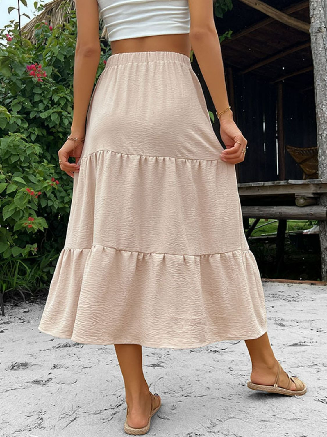 Button Down Tiered Midi Skirt - Minihomy