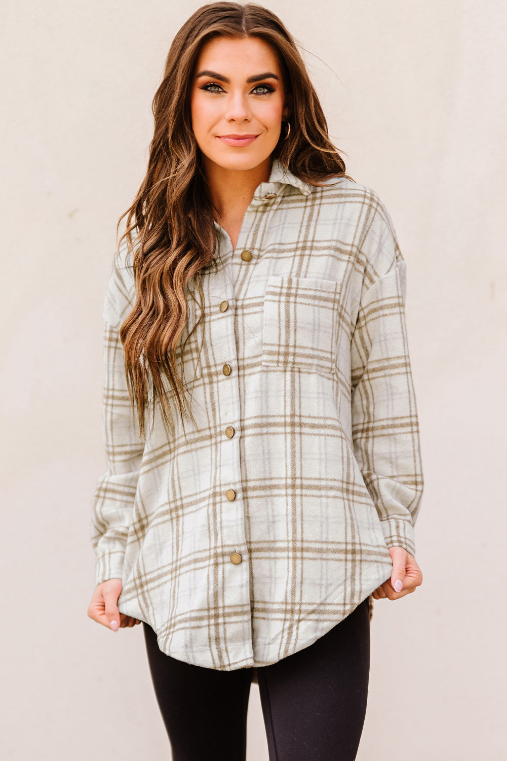 Plaid Curved Hem Dropped Shoulder Longline Shirt Jacket