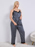 Plus Size Vertical Stripe Lace Trim Cami and Pants Pajama Set - Minihomy