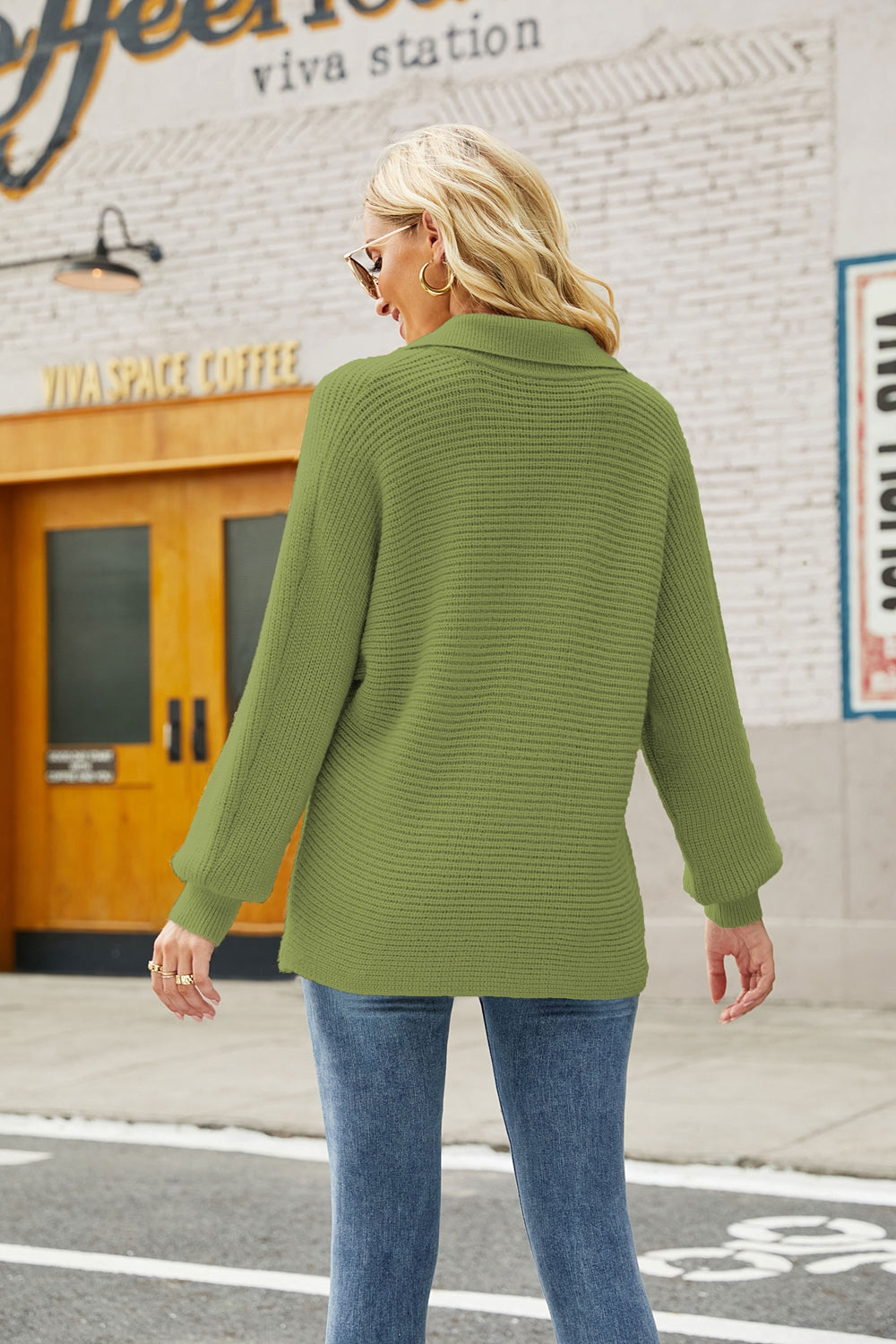 Horizontal Ribbing Johnny Collar Sweater - Minihomy