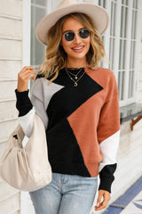 Color Block Ribbed Trim Round Neck Sweater