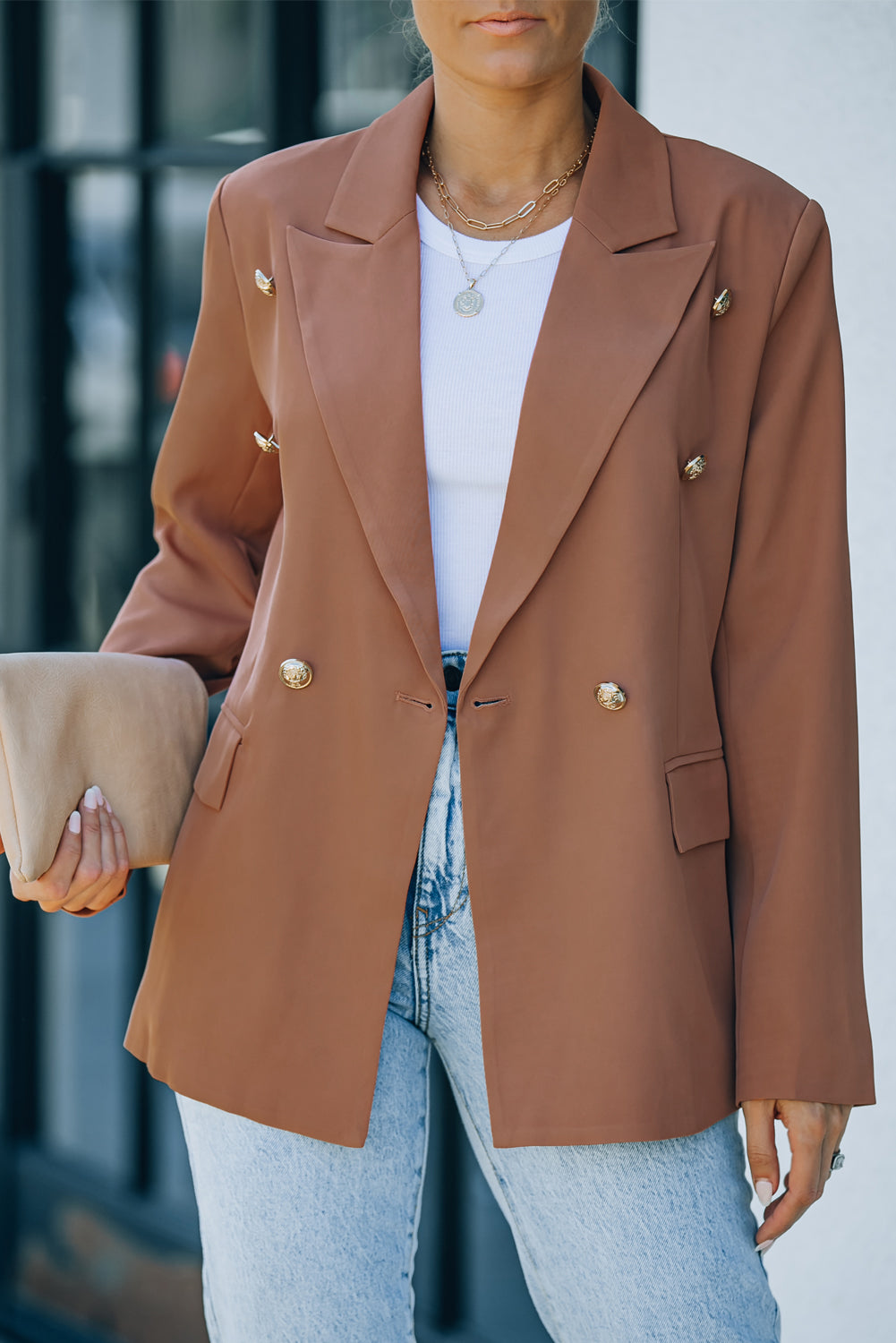 Double-Breasted Lapel Collar Long Sleeve Blazer - Minihomy