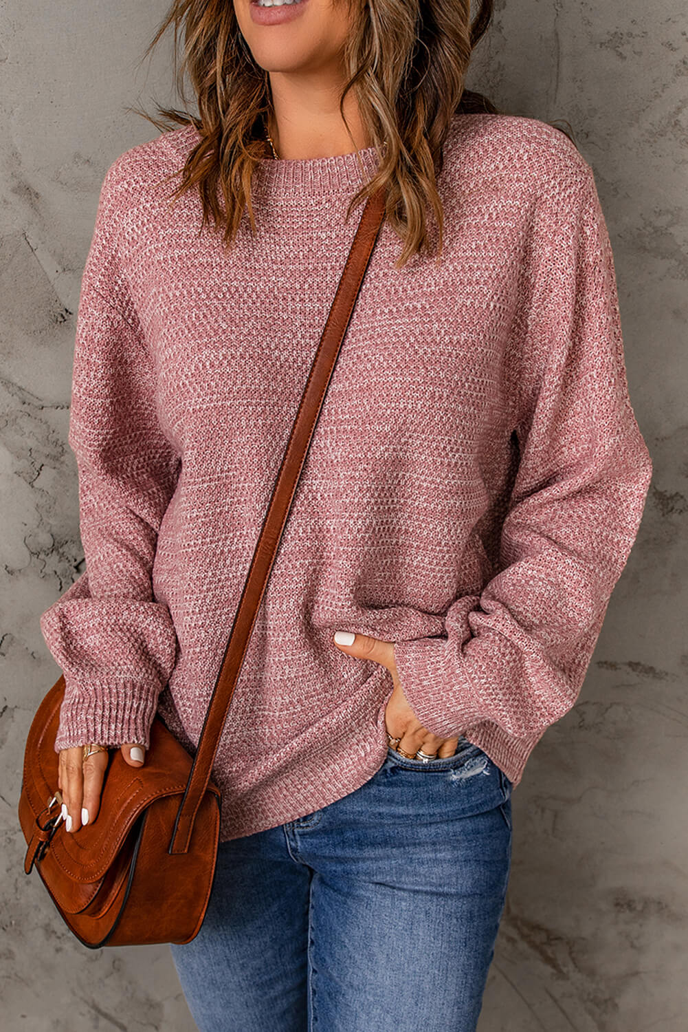 Heathered Dropped Shoulder Round Neck Sweater - Minihomy