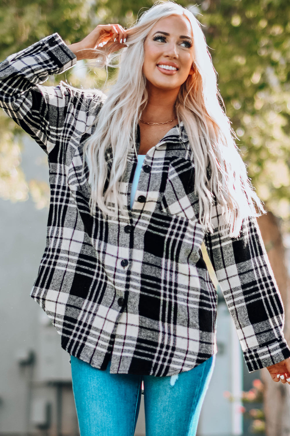 Plaid Curved Hem Longline Shacket - Minihomy