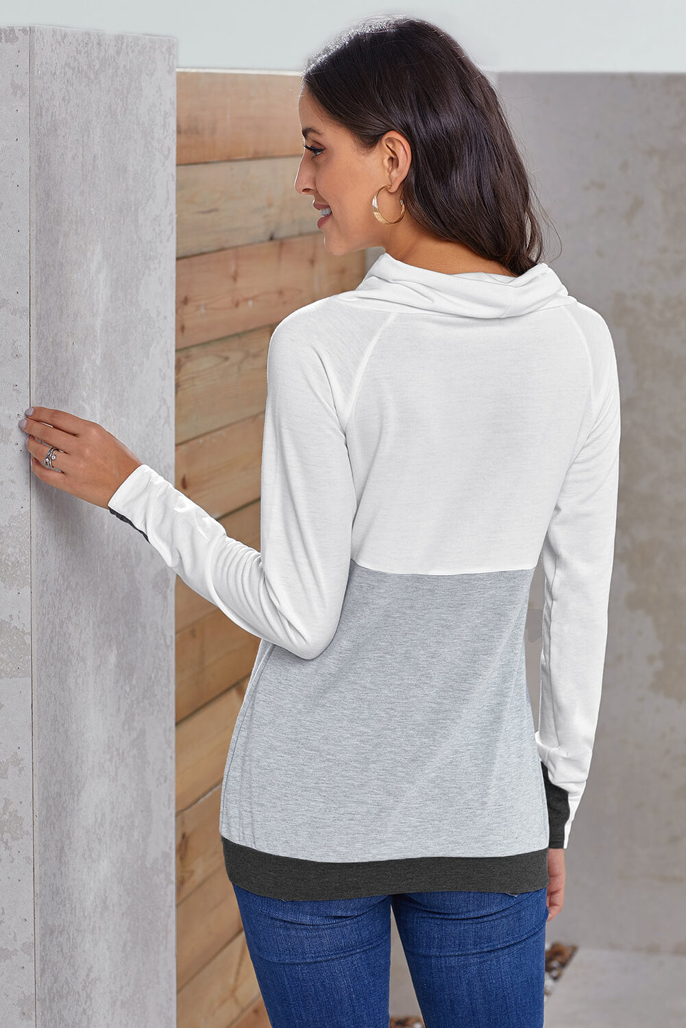 Color Block Raglan Sleeve Drawstring Sweatshirt - Minihomy