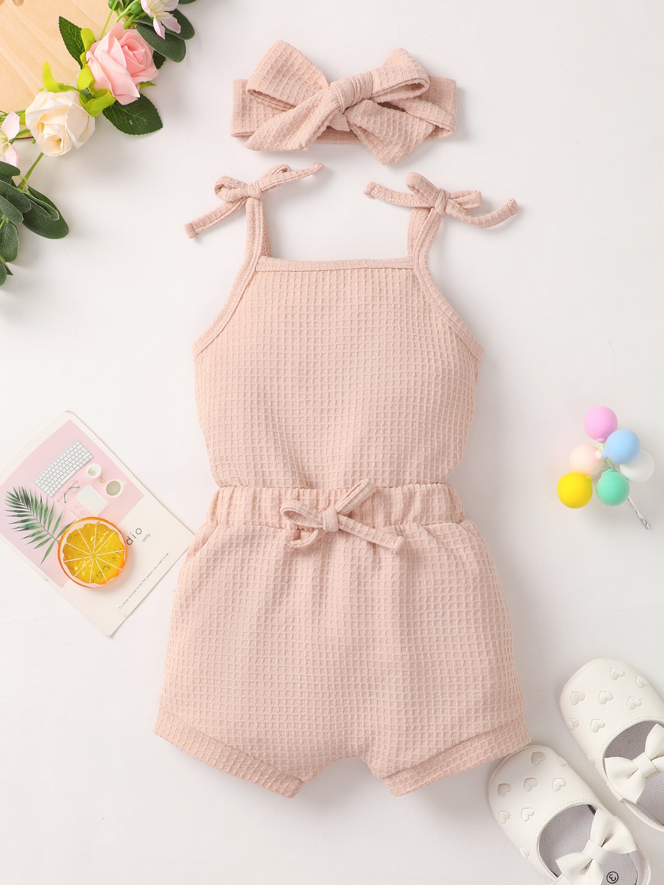 Baby Girl Waffle-Knit Tie-Shoulder Top and Shorts Set - Minihomy