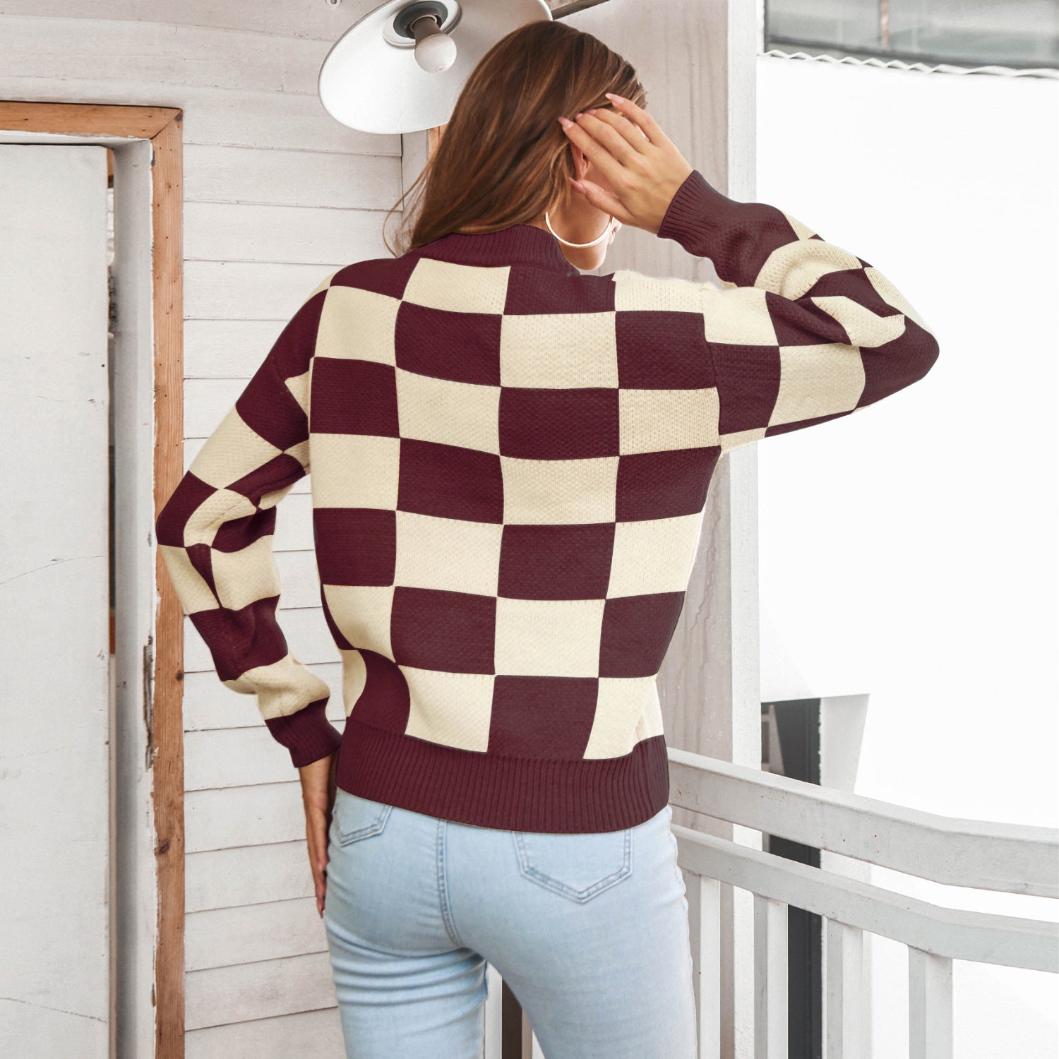 Checkered Two-Tone Dropped Shoulder Crewneck Sweater - Minihomy