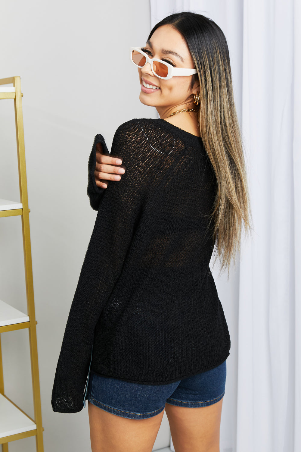 HYFVE Slit Rolled Hem V-Neck Knit Sweater in Black