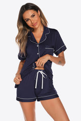 Contrast Piping Button Front Top and Shorts Lounge Set