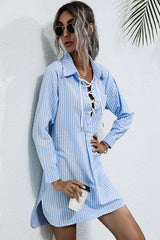 Lace Up Collar Shirt Dress - Minihomy