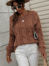 Cable-Knit Openwork Round Neck Sweater - Minihomy