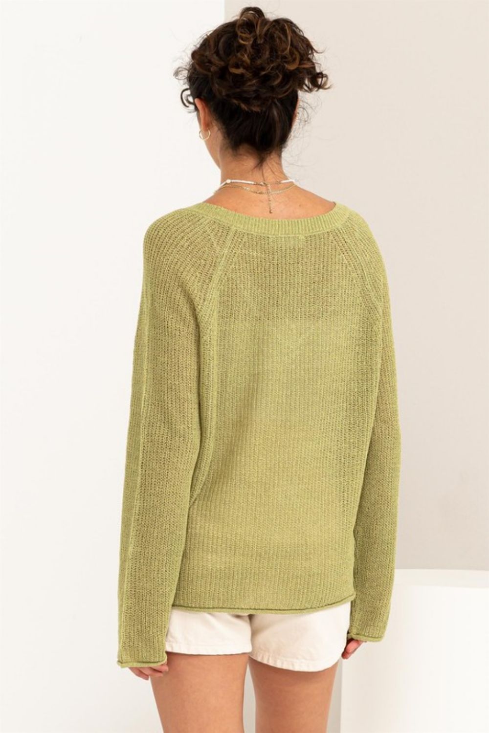 HYFVE Slit Rolled Hem V-Neck Knit Sweater in Pale Olive